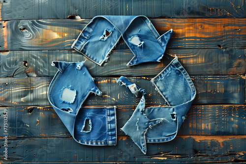 Recycling symbol made of old jeans on wooden background