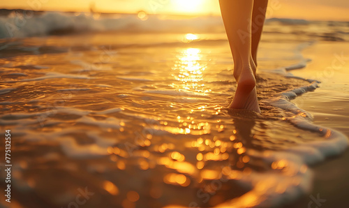 woman's feet walking on the beach at sunset