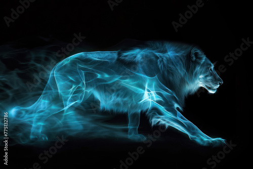 A striking visual of a lion portrayed with glowing lines suggesting movement or an ethereal presence © Fxquadro