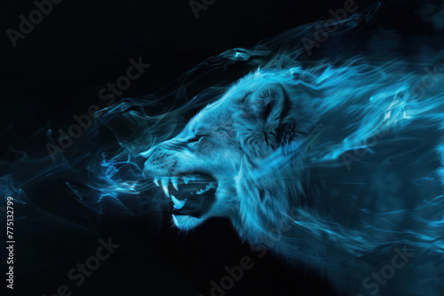 A powerful display of a lion's head portrayed with a digital glow, symbolizing nobility and the ethereal