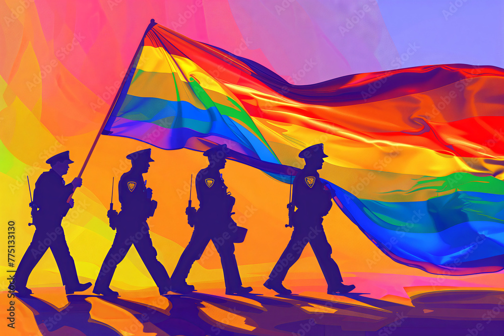 Silhouette police officers players leading holding a vibrant rainbow flag. - obrazy, fototapety, plakaty 