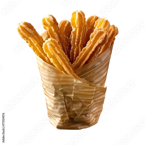 Churros wrapped in paper to take away. Isolated with Transparent background. Spanish dessert for menu, restaurants, banners, delivery, design. photo