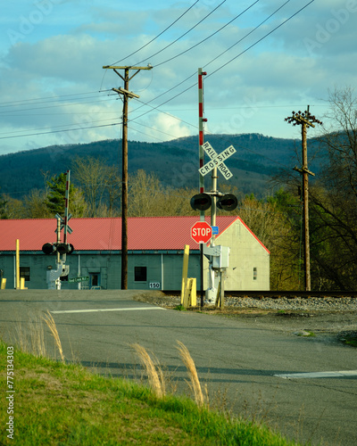 Railroad crossing and distant mountains in Wytheville, Virginia