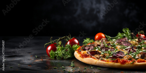 Top view of Tuscan pizza with tomato sauce, mozzarella, chicken, red onion, spinach, and garlic, with copy space, dark concrete background Menu concept. Delicious tasty Italian food diet