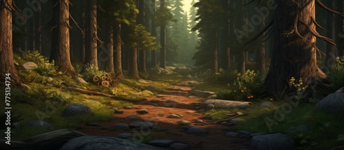 A winding pathway meanders through a dense forest, surrounded by large rocks and tall trees creating a serene natural landscape
