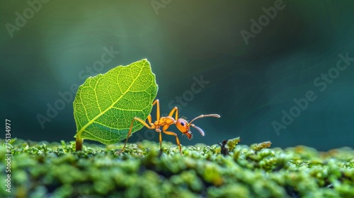 Vivid macro ant carrying leaf, focus on strength with detailed textures in realistic close up