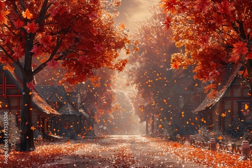 Depict a seasonal theme with a charming autumn scene adorned with falling leaves