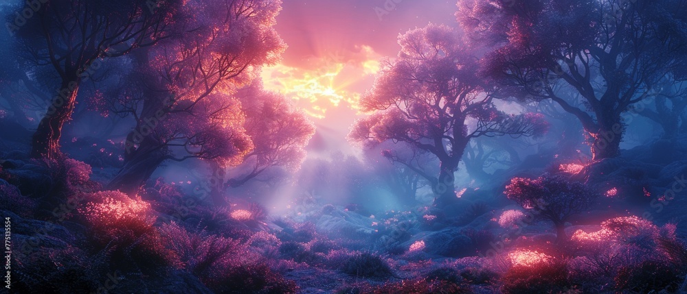 Dream up a fantasy landscape featuring mythical creatures roaming enchanted forests - obrazy, fototapety, plakaty 