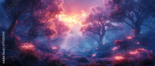 Dream up a fantasy landscape featuring mythical creatures roaming enchanted forests © Sataporn