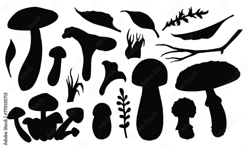 Mushrooms Silhouette vector set. Hand drawn illustration of fungus in black color. Drawing of boletus, fly agaric and forest leaves. Sketch of woodland porcini and champignons group. Mushrooms Silhouette vector set. Hand drawn illustration of fungus in black color. Drawing of boletus, fly agaric and forest leaves. Sketch of woodland porcini and champignons group.