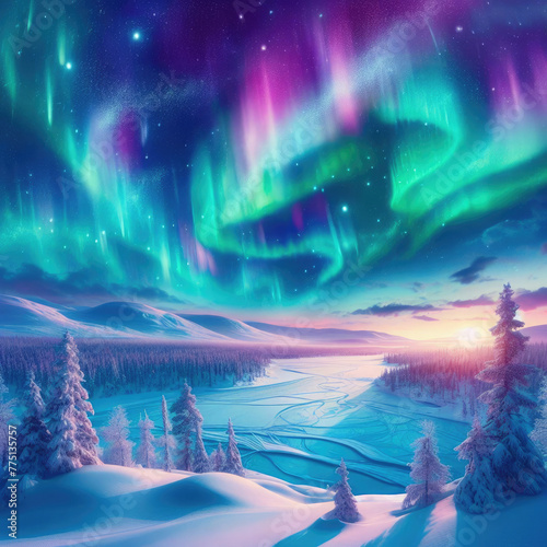 Generative AI, AI-generated art, Beautiful views of snowy auroras, beautiful aurora views, beautiful colorful aurora sightings, aurora views in the snow season, impressive views of night auroras 
