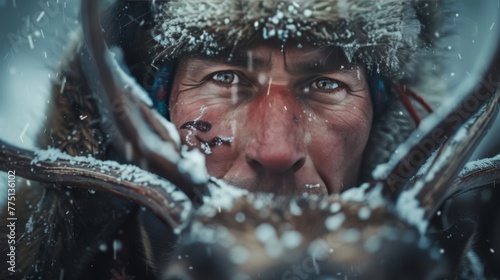 Ultrarealistic cultural portrait of sami reindeer herder in traditional nordic winter setting