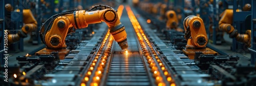 A robot is seen moving along a conveyor belt in a factory setting