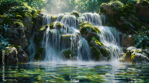 A hidden waterfall cascading down moss-covered rocks into a serene pool below © Be Naturally