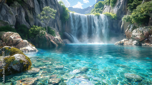 A hidden waterfall cascading into a crystal-clear pool, a haven for weary travelers