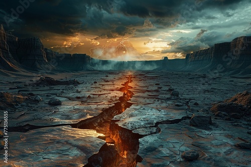 Fault line landscape, cracked earth, surreal environment, dramatic lighting, 3D Surreal scifi