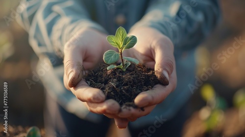 A person holding a small plant in their hands with dirt, AI
