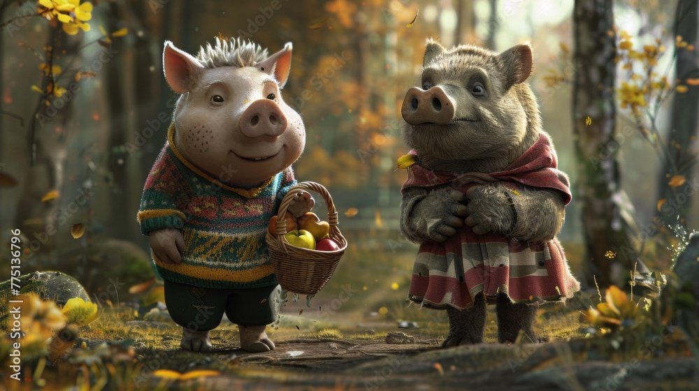 Two pigs are standing next to each other in a forest, AI Stock ...