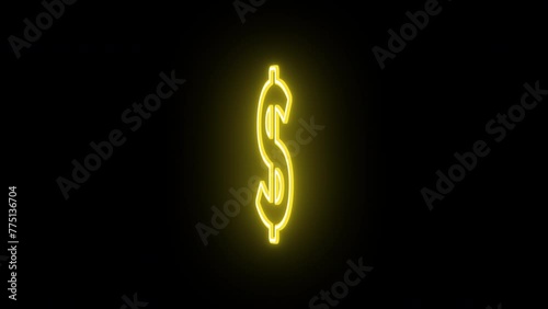 Neon dollar sign animation, rotation around vertical axis. Glowing neon 3D dollar icon, looped spin. Money cash, digital currency market, USD, bank business and finance. Yellow, green, orange colors photo