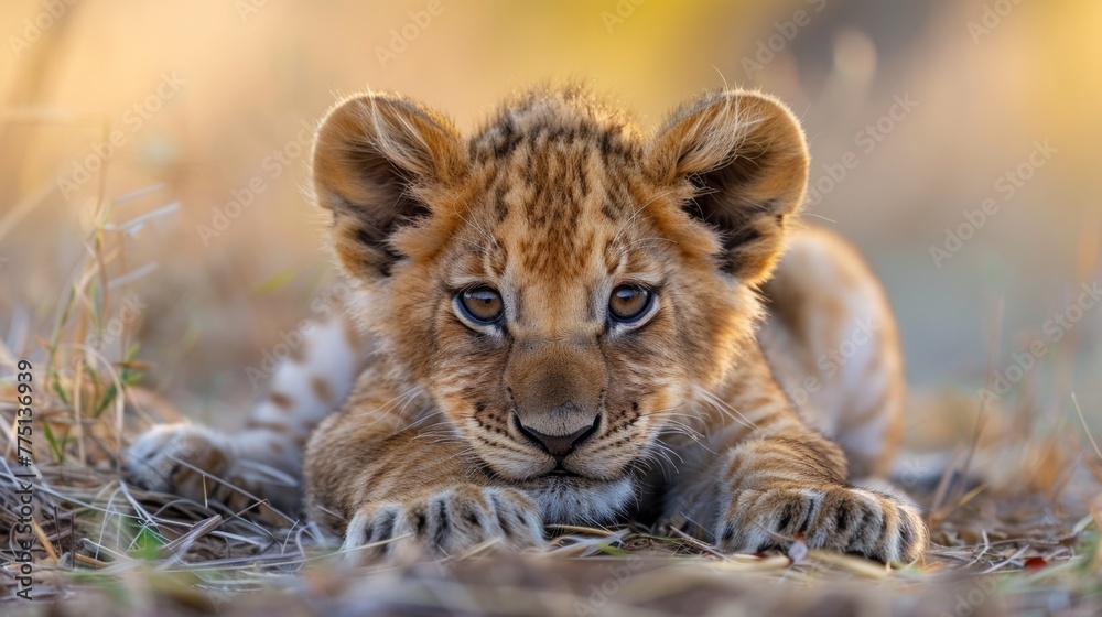 Obraz premium A small lion cub laying on the ground in a field, AI