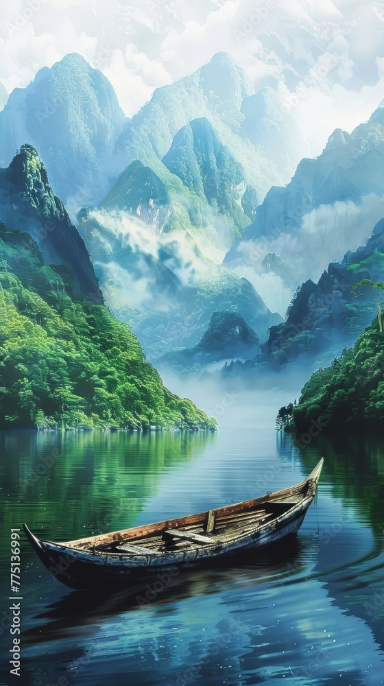Gentle waters of a lake reflect the silhouettes of a mist-covered mountain range and lush greenery, with a solitary wooden boat enhancing the peaceful atmosphere.