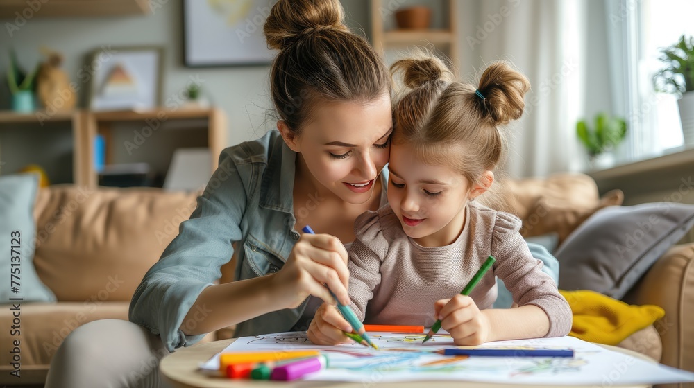 a cute little girl and her mother coloring together at home, radiating joy and happiness as they create memories through art, embodying the essence of a happy family. a cute little girl and her mother coloring together at home, radiating joy and happiness as they create memories through art, embodying the essence of a happy family.