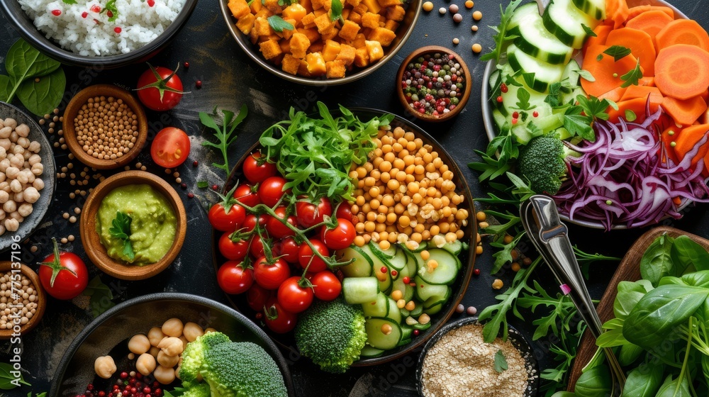 Plant based meal setup with a variety of colorful vegetables legumes