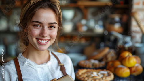 Portrait of a smiling young woman in an apron at a cozy bakery with fresh bread and pastries in the background.