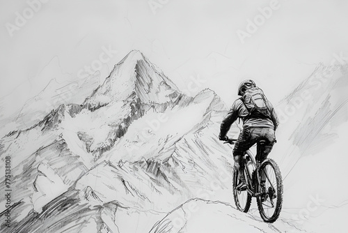Cyclist riding the bike in the beautiful mountains down the rock. Extreme sport and biking concept