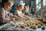 Several children focused on rolling dough into balls for baking, coated in flour