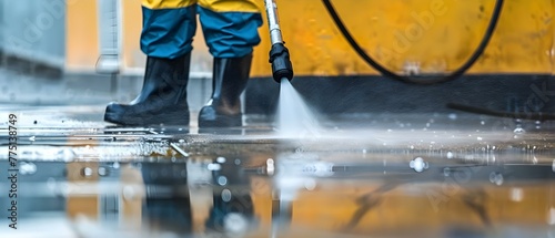Using a pressure washer for deep cleaning a driveway. Concept Driveway pressure washing, Deep cleaning tips, Removing stubborn stains, Equipment maintenance, Safety precautions