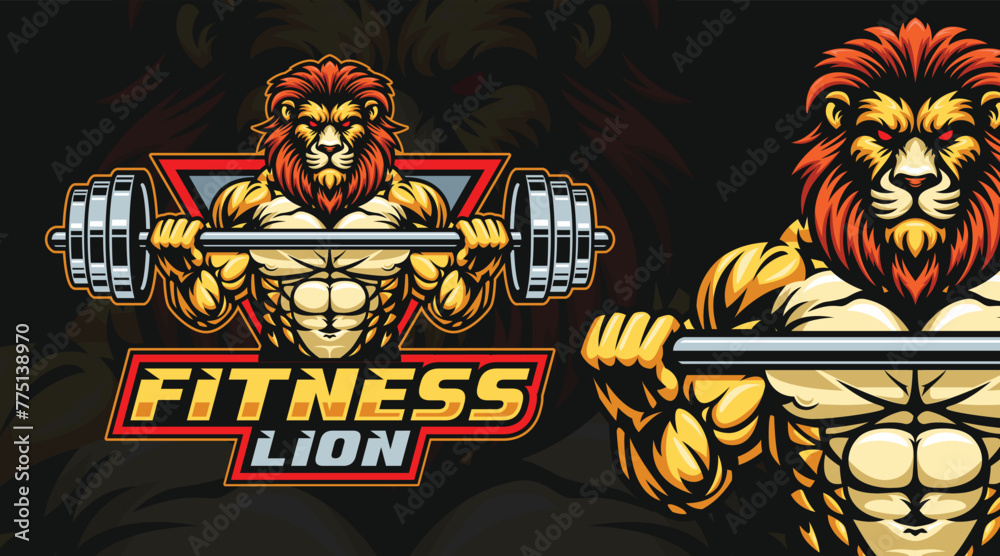 Lion fitness or gym logo template, Lion lifting barbell illustration. Lion mascot character