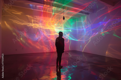 A man stands in front of a colorful wall of light. The room is dimly lit, and the man is looking at the wall with a sense of wonder. Generative AI