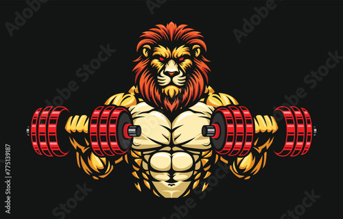 Lion fitness or gym template, Lion lifting dumbbell illustration. Lion mascot character