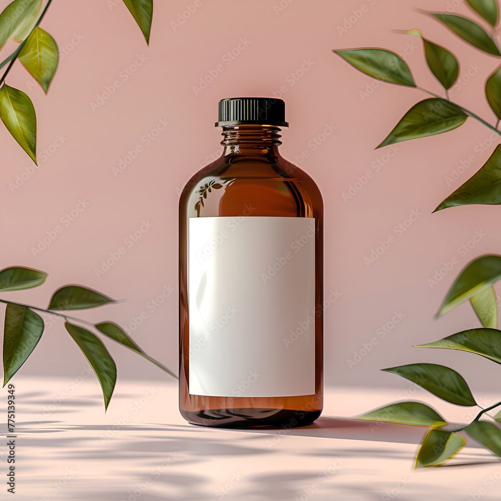 Amber glass bottle with blank label on a pink background with plant shadows. Amber glass bottle with blank label on a pink background with plant shadows.