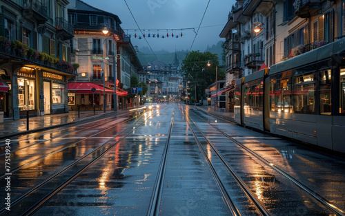 A charming city street comes alive on a rainy evening  with colorful reflections shimmering on the wet pavement and tram tracks winding through the atmospheric scene.