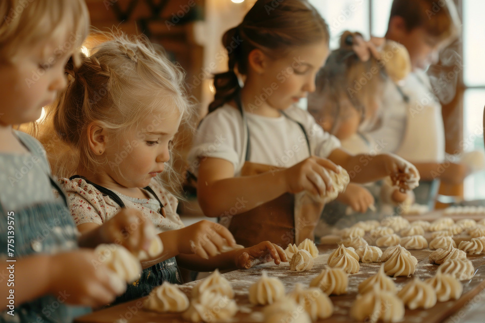 Young kids are carefully piping cream onto pastries in a home baking setting with natural light Young kids are carefully piping cream onto pastries in a home baking setting with natural light