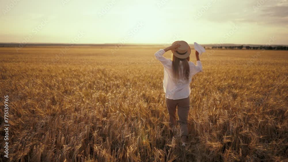 Carefree woman running on wheat field throwing paper plane in sky keeping straw hat on head at sunset, back view. Freedom, happiness resting in countryside village, outdoor activities concept. Carefree woman running on wheat field throwing paper plane in sky keeping straw hat on head at sunset, back view. Freedom, happiness resting in countryside village, outdoor activities concept.