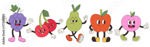 Set of Groovy fruits. Hand draw Funny Retro vintage trendy style fruits cartoon character. Doodle Comic collection. Funny vintage fashion style. Apple, pear, grape, peach, cherry