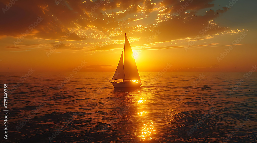 A lone sailboat silhouetted against a golden sunset - sailing into the horizon