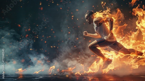 man with lit fire running photo