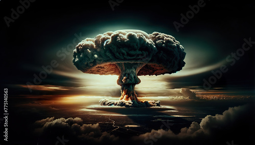 Atomic nuclear bomb explosion produces a catastrophic mushroom cloud, heralding devastation and the possibility of nuclear warfare photo
