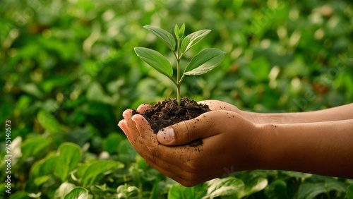 Hands Holding Small Plant Growing with Blured and Noise Background, generative ai