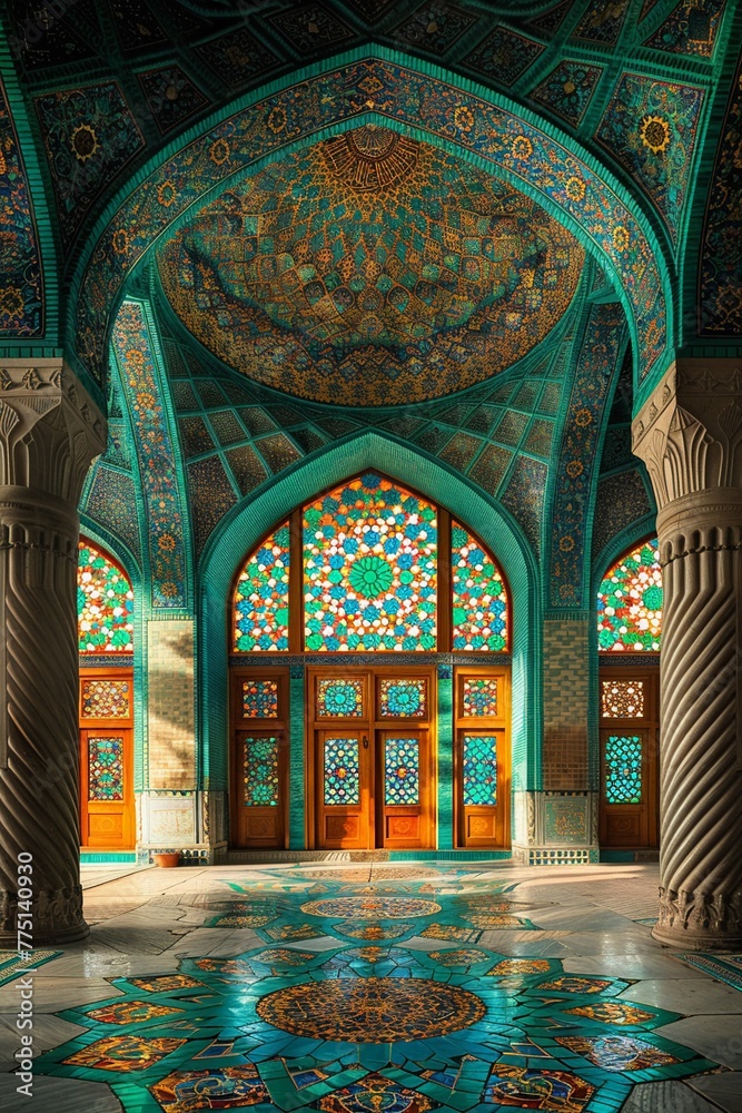 Islamic Geometric Patterns Cascading Across a Mosque Wall