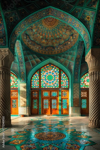 Islamic Geometric Patterns Cascading Across a Mosque Wall