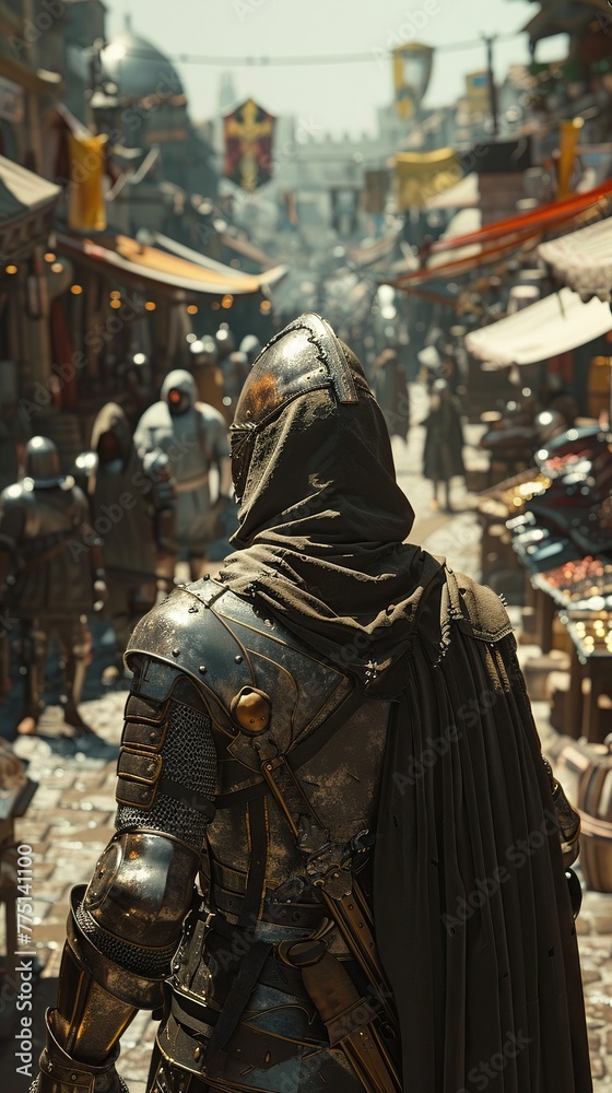 Armor-clad knight browsing weaponry and armor at a busy medieval marketplace filled with traders and onlookers Armor-clad knight browsing weaponry and armor at a busy medieval marketplace filled with traders and onlookers