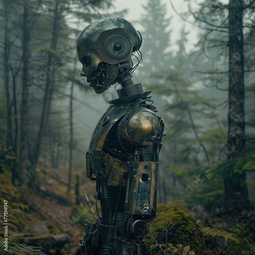 Cyborg, Metallic limbs, Emotionally complex, Exploring a dense forest, Misty morning, 3D render