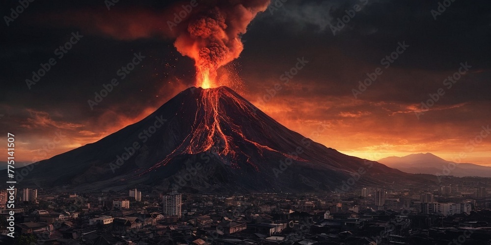 Volcano eruption at sunset. Panoramic view of the city.