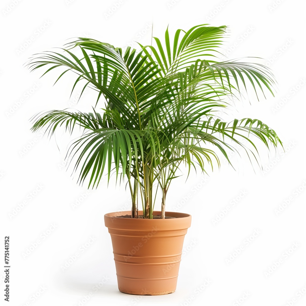 A lush green palm tree in a terracotta pot, isolated on a white background, ideal for indoor decor. A lush green palm tree in a terracotta pot, isolated on a white background, ideal for indoor decor.