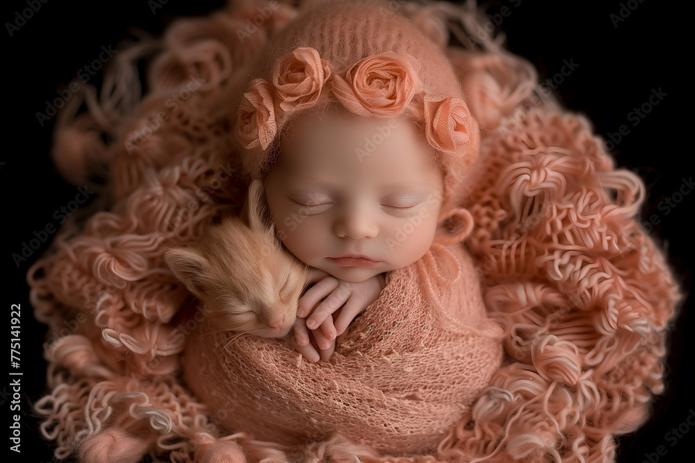Heartwarming scene captured in a cozy embrace between a peaceful sleeping kitten and a tenderly hugging cute baby child, showcasing the purest form friendship